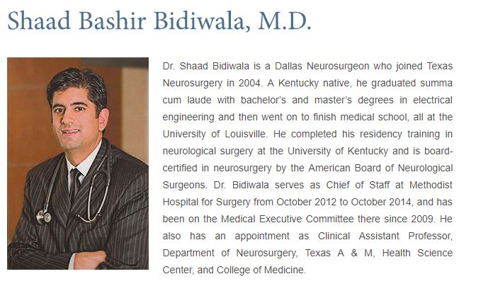 Texas Neurosurgery LLP Dr Shaad Bidiwala – 3600 Gaston Avenue, DALLAS, TX, 75246